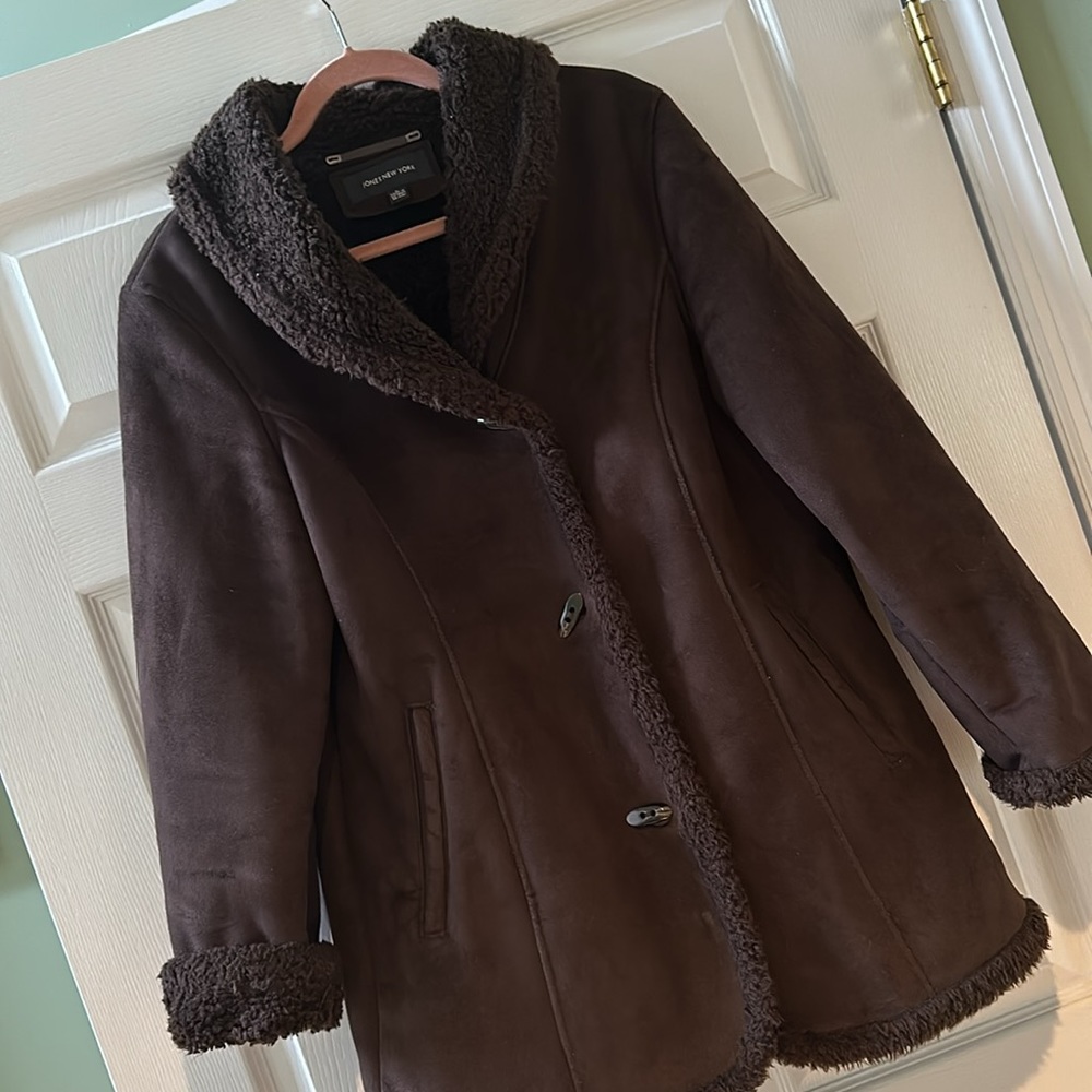 Jones New York dark brown faux suede shearling coat